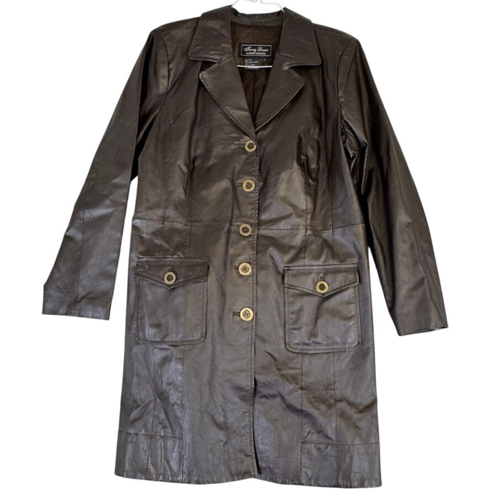 Jerry Lewis Classic Luxuries Brown Leather Trench Coat Jacket Womens Large L
